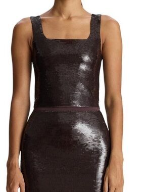 ALC CROP Square-Neck Sequin Tank Dress in Dark Brown